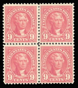 United States, 1910-30 #561 Cat$47.50, 1923 9c rose, block of four, hinged, p...