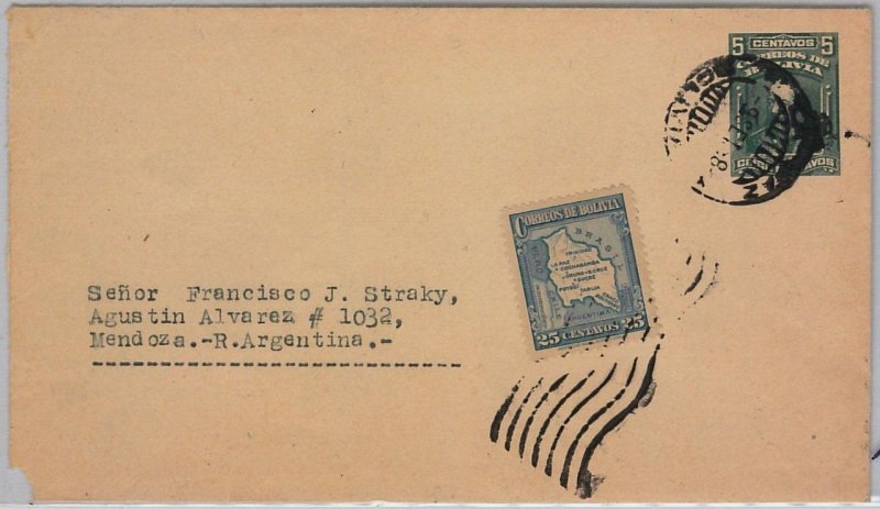 39455 -BOLIVIA - POSTAL HISTORY - POSTAL STATIONERY COVER to ARGENTINA