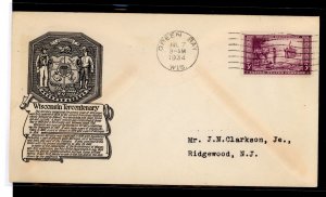 US 739 1934 3c Wisconsin Tercentenary on an addressed (typed) FDC with an Anderson cachet