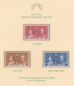 St KITTS  1937 CORONATION  SPECIMEN   set of 3