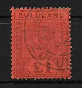 ZULULAND SG28 1894 £1 PURPLE ON RED USED