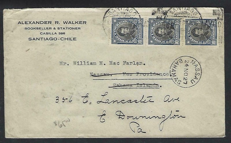 CHILE  (P3108B) 1927   10C STRIP OF 3 SANTIAGO TO BAHAMAS FWD TO USA