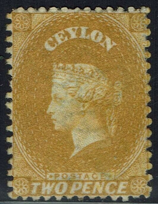 CEYLON 1867 QV 2D YELLOW WMK CROWN CC SG TYPE W6 