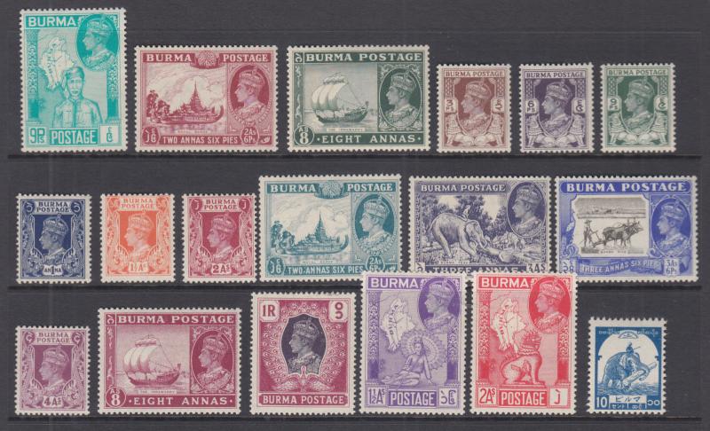 Burma Sc 21//2N45 MLH. 1936-1946 issues, 18 different singles, VF