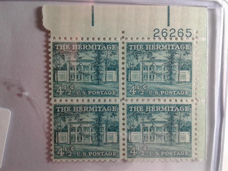 SCOTT # 1037 FOUR AND ONE HALF CENT HERMITAGE PLATE BLOCK GEM MINT NEVER HINGED