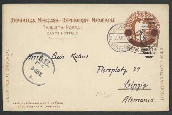 MEXICO 1903 4c opt postcard used to Germany................................56207 