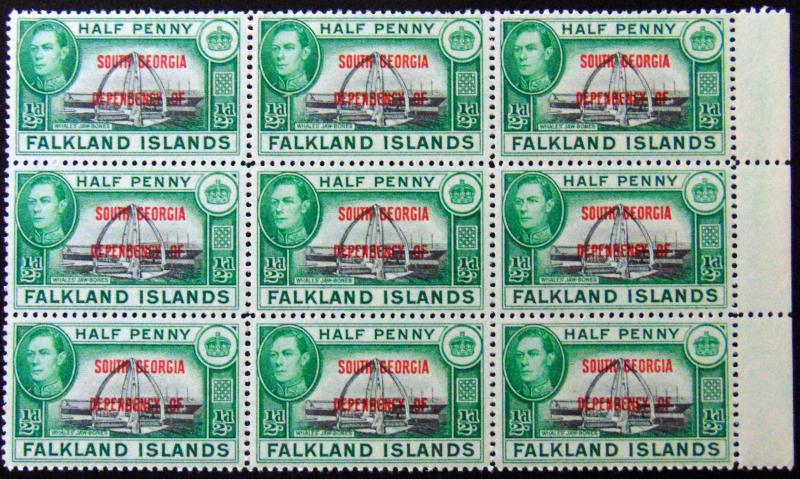 SOUTH GEORGIA 1944 1/2d Memorial Block of 9 MNH