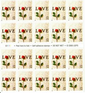 2001 34c Rose & Love Letter, SA, Booklet of 20 Scott 3497 Mint F/VF NH