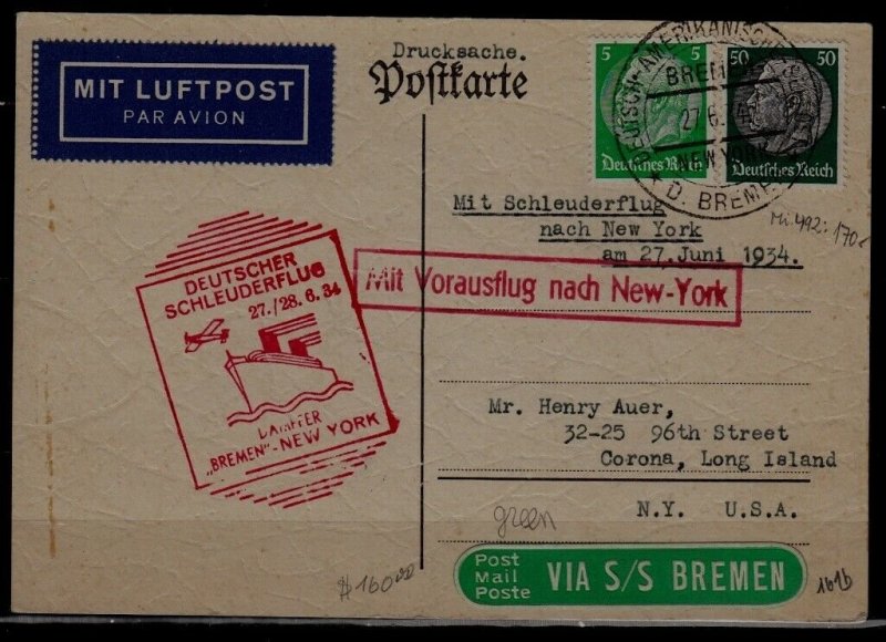 Germany Catapult card 27.6.34 Bremen-NY