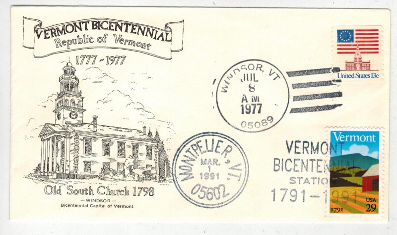 VERMONT BICENTENNIAL DUAL CANCEL WINDSOR VT 1977 BICENT. + 1991 MONTPELIER FDC