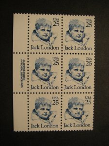 Scott 2182, 25c Jack London,  Copy block of 6, LM, MNH Great Americans Beauties