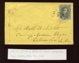 Confederate States 1 Used Tied by Black Savannah GA PAID  CCL on Cover LV4440