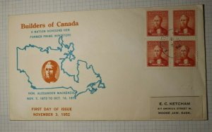 Canada FDC 1952 Blocky Prime Minister Mackenzie Cachet Cover Used Sc# 314