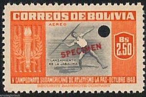 51040d   COLOMBIA -  SPORT: 1948 stamp overprinted SPECIMEN:  ATHLETICS Javelin