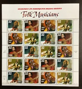 3212-3215  Folk Musicians  American Music Series MNH  32 c sheet of 20 FV $6.40
