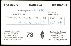 QSL QSO RADIO CARD YN/SMOOIG,Managua,Nicaragua,Robert Ronndalen, (Q2852)