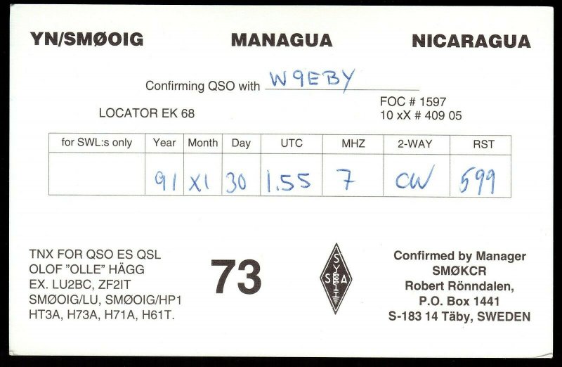 QSL QSO RADIO CARD YN/SMOOIG,Managua,Nicaragua,Robert Ronndalen, (Q2852)