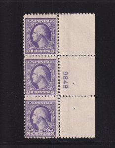 1918 Sc 530 3c purple MNH OG plate number strip of 3 (plate block CV $55) (C7