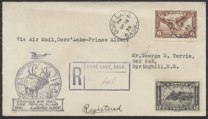 1935 Flight Cover Registered Dore Lake to Prince Albert SASK AAMC #3527c