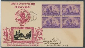 US 898 (1940) 3c Coronado Expedition/400th Anniversary(block of four) on an addressed First Day Cover with a Crosby photo cachet