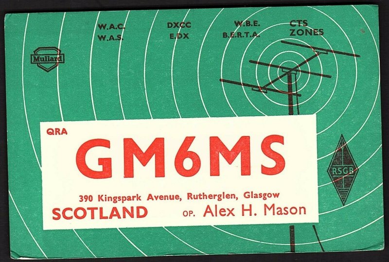 QSL QSO RADIO CARD GM6MS/Alex H. Mason/Rutherglen, Glasgow, Scotland (Q2148)