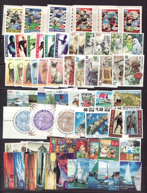 Two page lot of 1996-99 New Zealand Sets of MNH postage stamps Cv$206.60