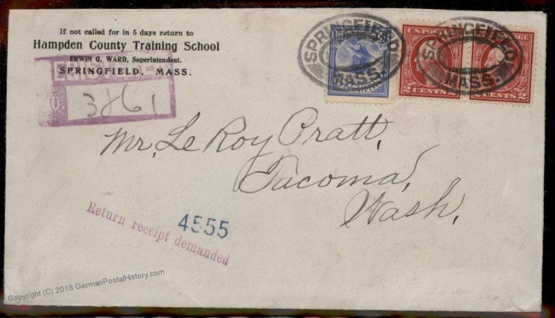 USA 1912 Springfield Mass 10c Registered Mail Return Receipt Stamp Cover 88130