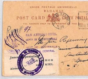 BAHAMAS KGV UPU Card Guatemala *Forwarding Agents Label* Kiel Germany 1938 CB35