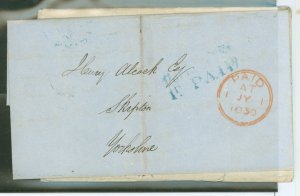 Great Britain  1830, 1837 Stampless cover with letter 7/1/30; folded letter 1837; vertical crease, torn back flap