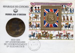 Comoro Islands 1978 Mi#B.147A Coronation 25th.Anniv.S/S Gold Perforated (1) FDC