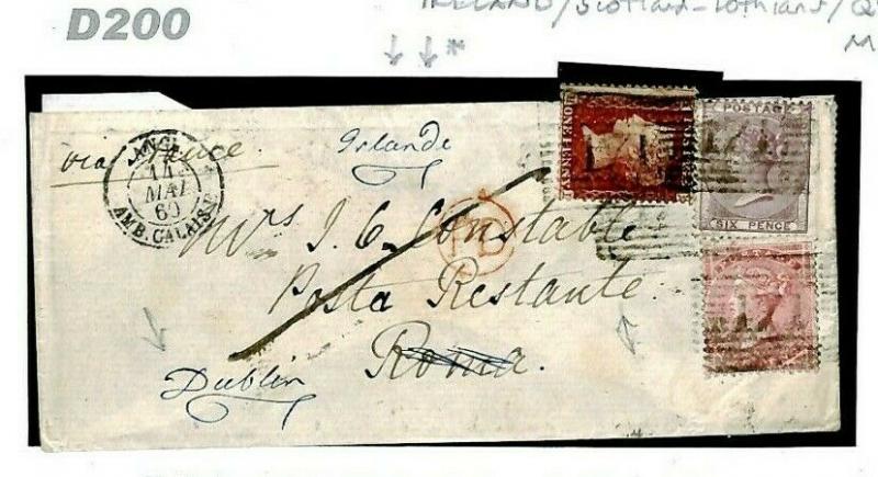 GB Scotland Cover 3-COLOUR FRANKING *Poste Restante* 1860 Forwarded Ireland D200 