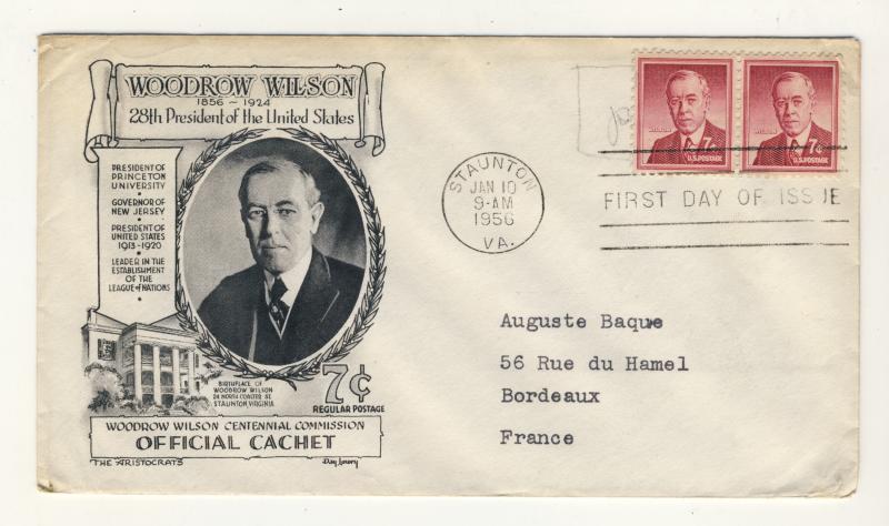 US - 1956 - Scott 1040 FDC - 7c Pdt. Woodrow Wilson - Pair