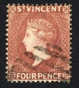 St Vincent SG50 4d Red-brown Wmk Crown CA Fine used Cat 22 Pounds