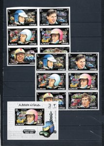 AJMAN 1971 IN MEMORIAM RACING CARS DRIVERS 2 SHEETS OF 6 STAMPS & DELUXE S/S MNH