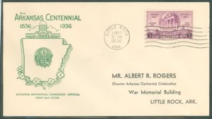 US 782 1936 3c Arkansas Statehood Centennial single on an addressed FDC with an Ark. Centennial Comission Cachet