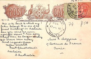 ac6718 - SOUTH AUSTRALIA - Postal History - POSTCARD to TUNIS via MALTA!  1910