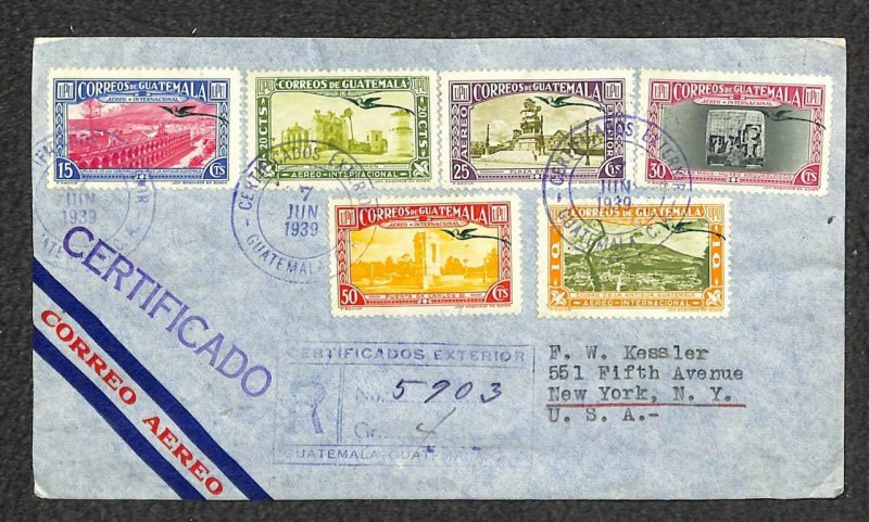 GUATEMALA #281 282 284 C117-122 & RA11 STAMPS NEW YORK REGISTERED COVER 1939 