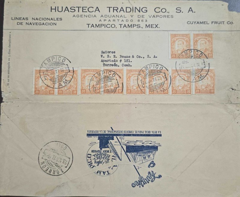 O) 1927 MEXICO, TAMPICO, BENITO JUAREZ, SCT 666 8c orange, HUASTECA TRADING Co,