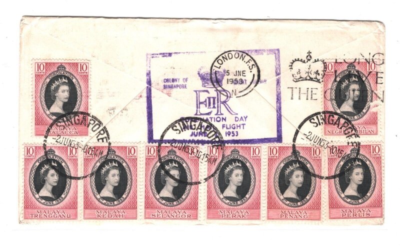 MALAYA STATES SINGAPORE Mixed Franking Cover QEII CORONATION FLIGHT 1953 MA1123