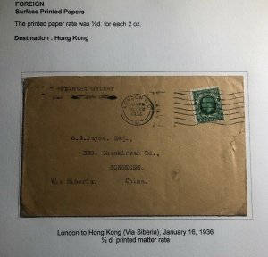 1936 London England Printed Matter Cover To Hong Kong China Via Siberia