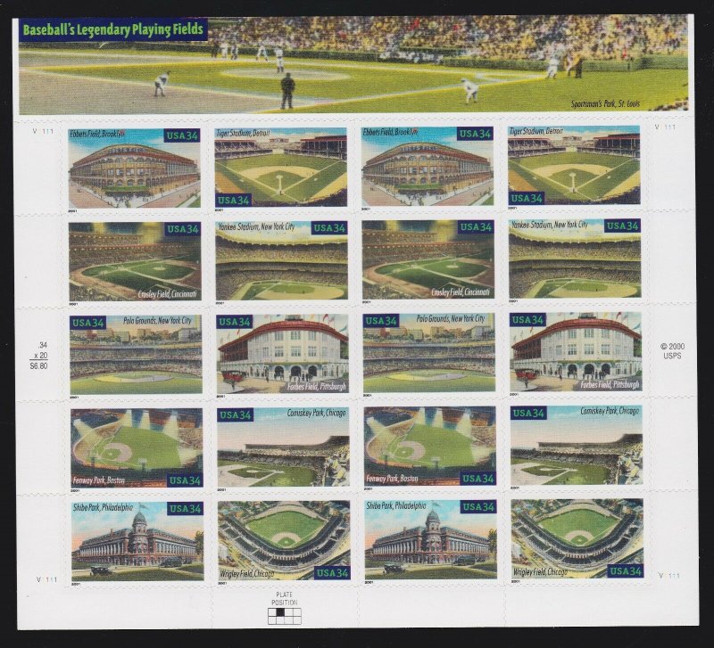 US 3408 & 3510-19 Legends of Baseball & Legendary Fields Mint Sheets NH