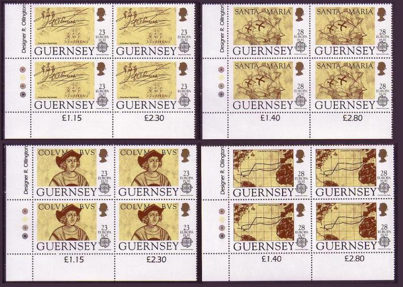 Guernsey Discovery of America by Columbus Corner Blocks SG#556-559