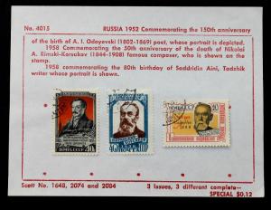 Russia #1648,2074,2084 Used On Original Approval Sales Card 1952
