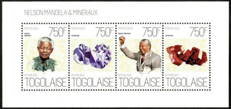 Togo 2013 - Nelson Mandela and African Minerals, Amethyst - Sheet of 4 - MNH