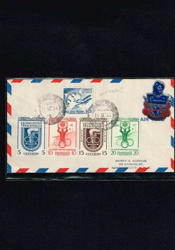 R) 1954 CHILE, COMBINED AIR MAIL CHILE COLOMBIA NEW YORK