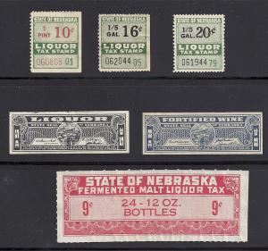 Nebraska Alcohol Revenue Stamps -- 6 Assorted Mint