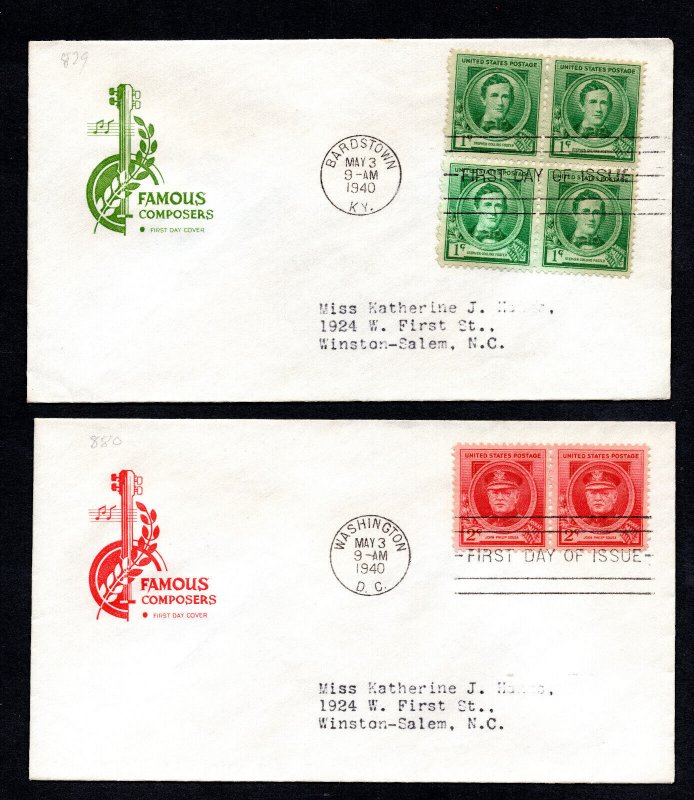 US  1940 Famous American Composers  #879-883 FDCs Used CV $20