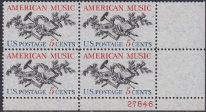 1252 American Music Plate Block MNH