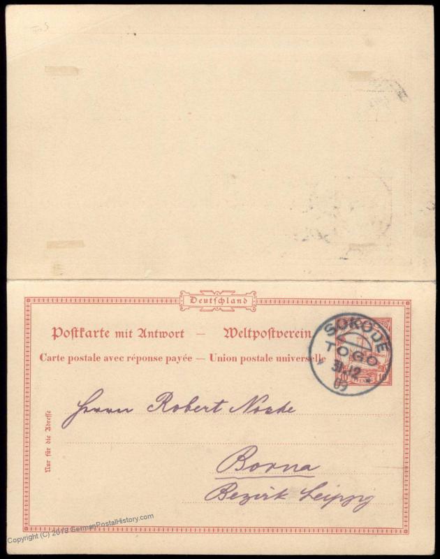 Germany 1909 SOKODE Togo Postal Stationery Reply Pair Ganzsachen Cover 82299