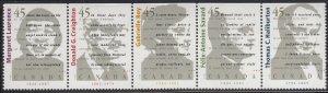 Canada 1996 MNH Sc 1626ai Top strip of 5 Never folded 45c Canadian Authors